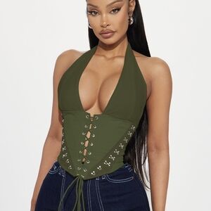 Fashion Nova Olive Lace-Up Crop Top